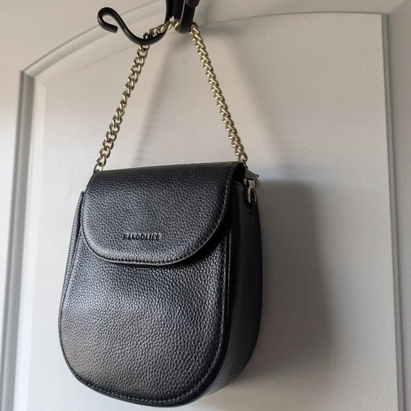 🖤EUC Bandolier Shay Genuine Pebble Leather Shoulder Mini Bag, Black & Gold - Picture 6 of 16